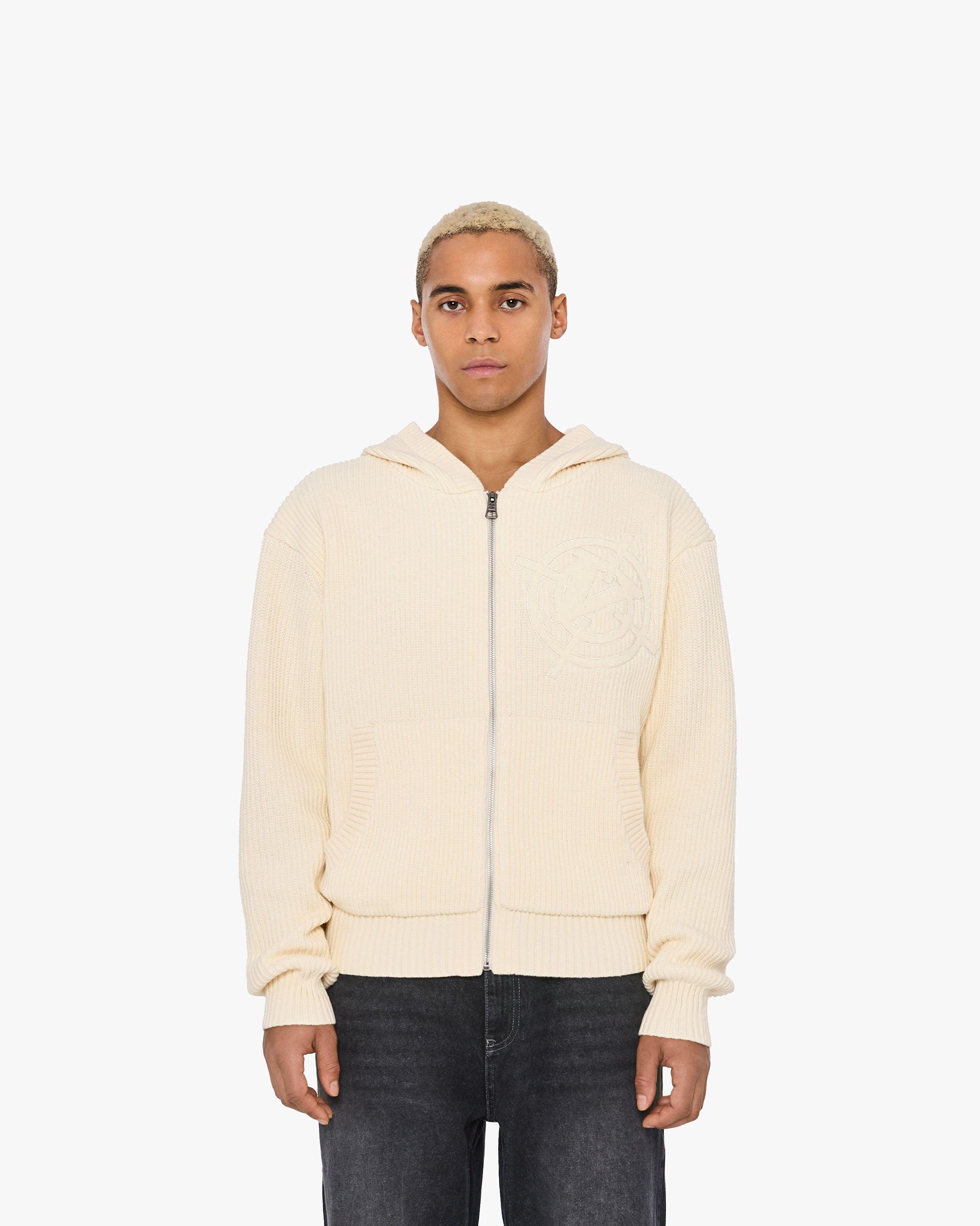V-LOGO KNIT ZIP HOODIE BEIGE