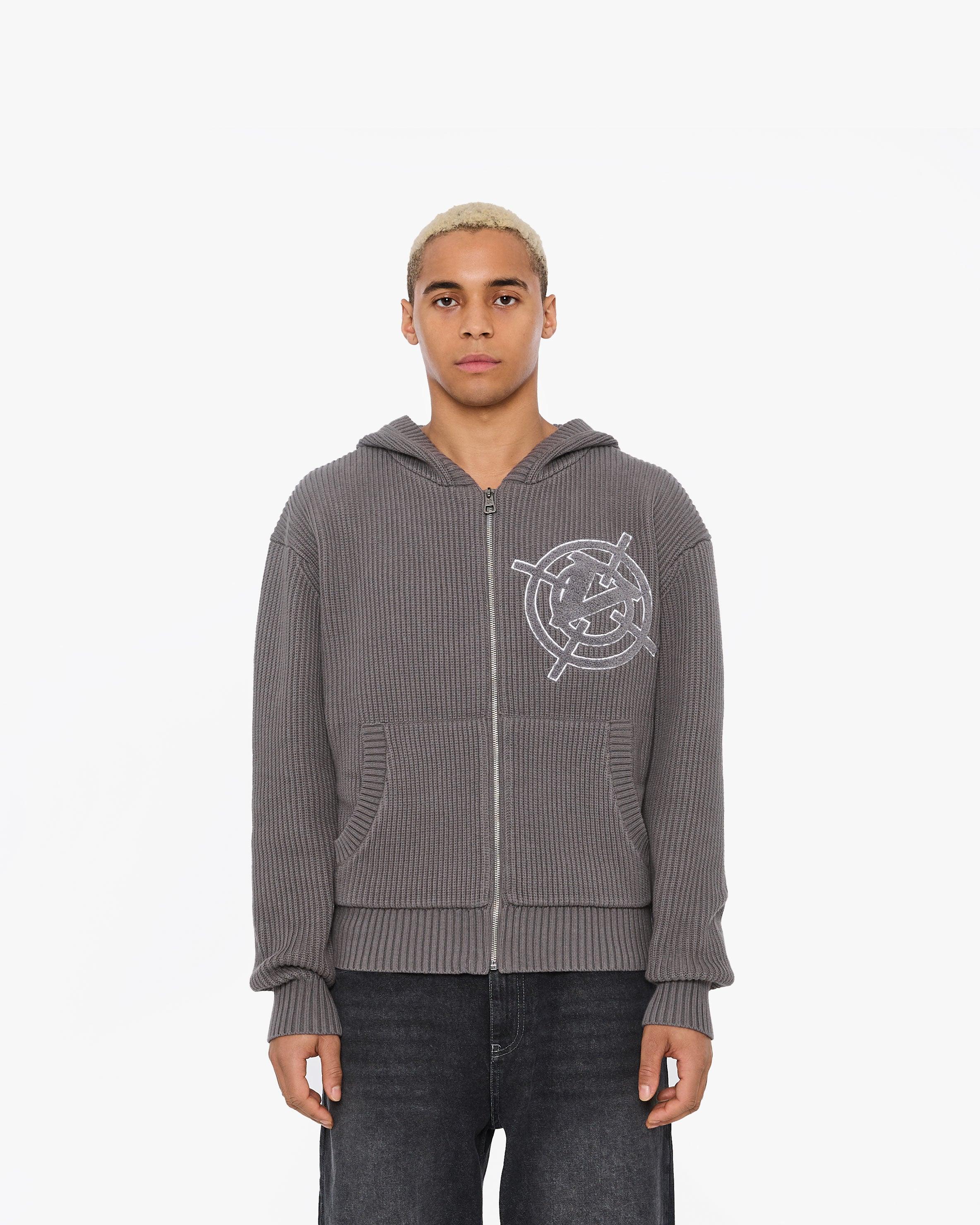 V-LOGO KNIT ZIP HOODIE ASH GREY