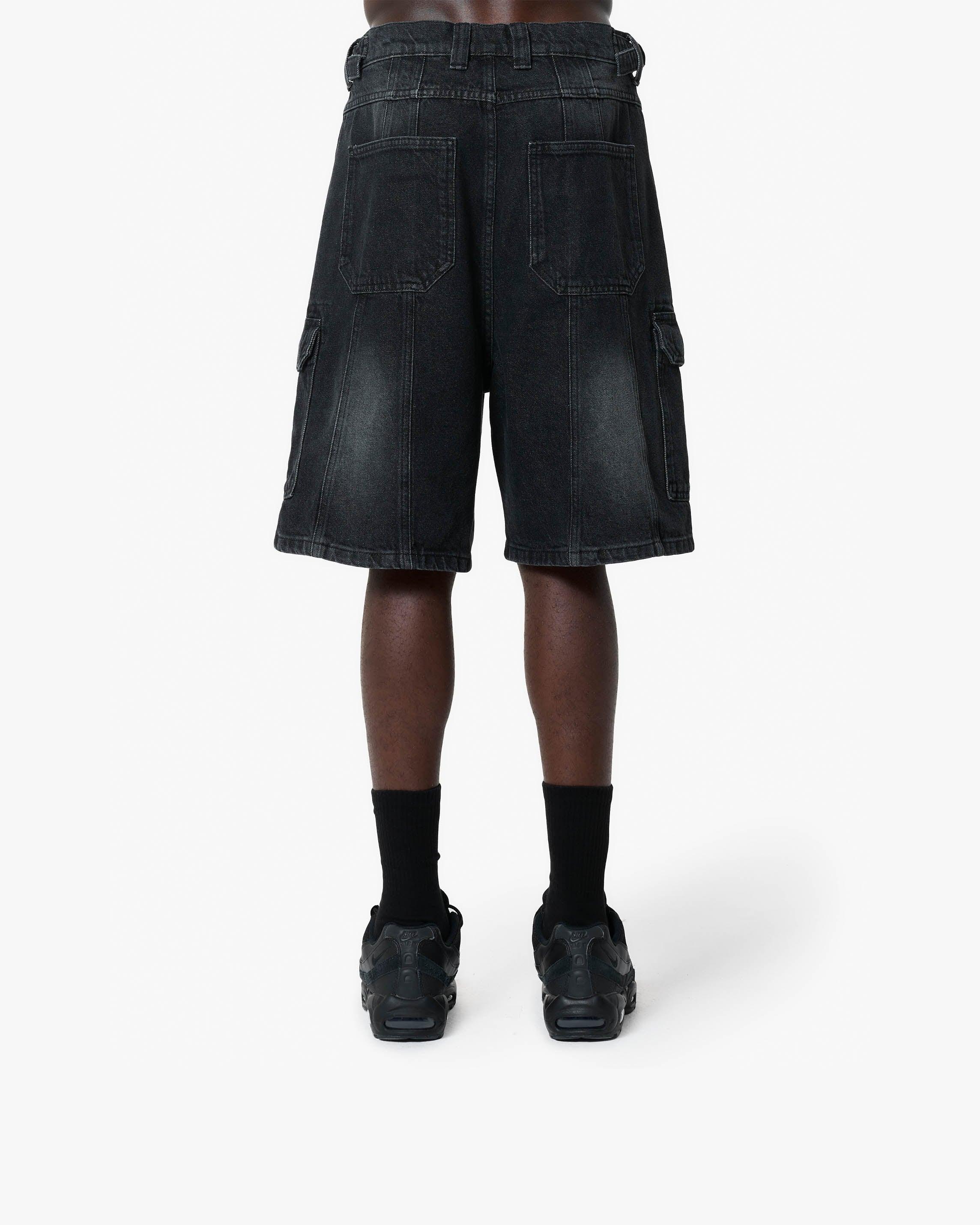 WASHED BLACK DENIM CARGO JORTS