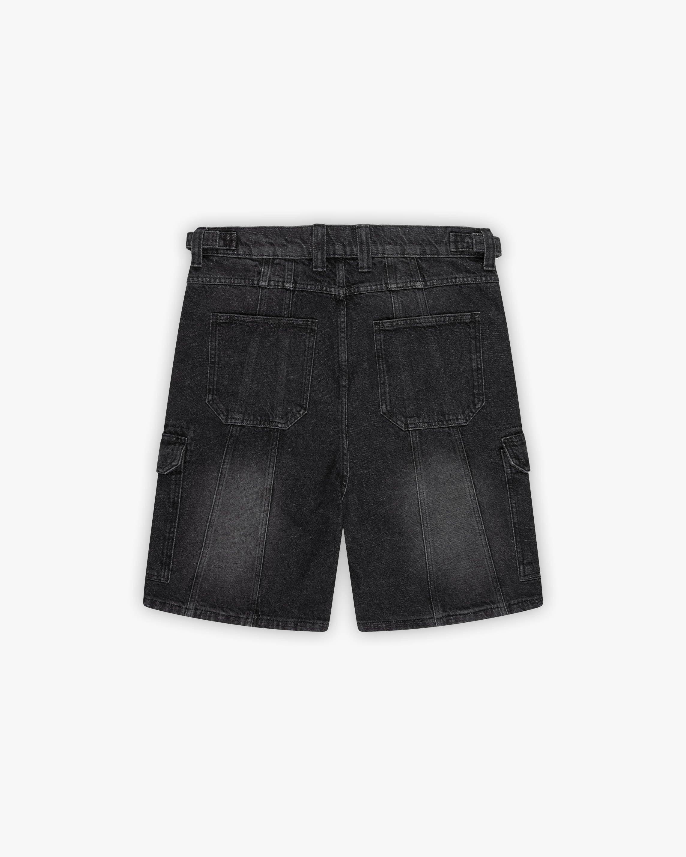 WASHED BLACK DENIM CARGO JORTS