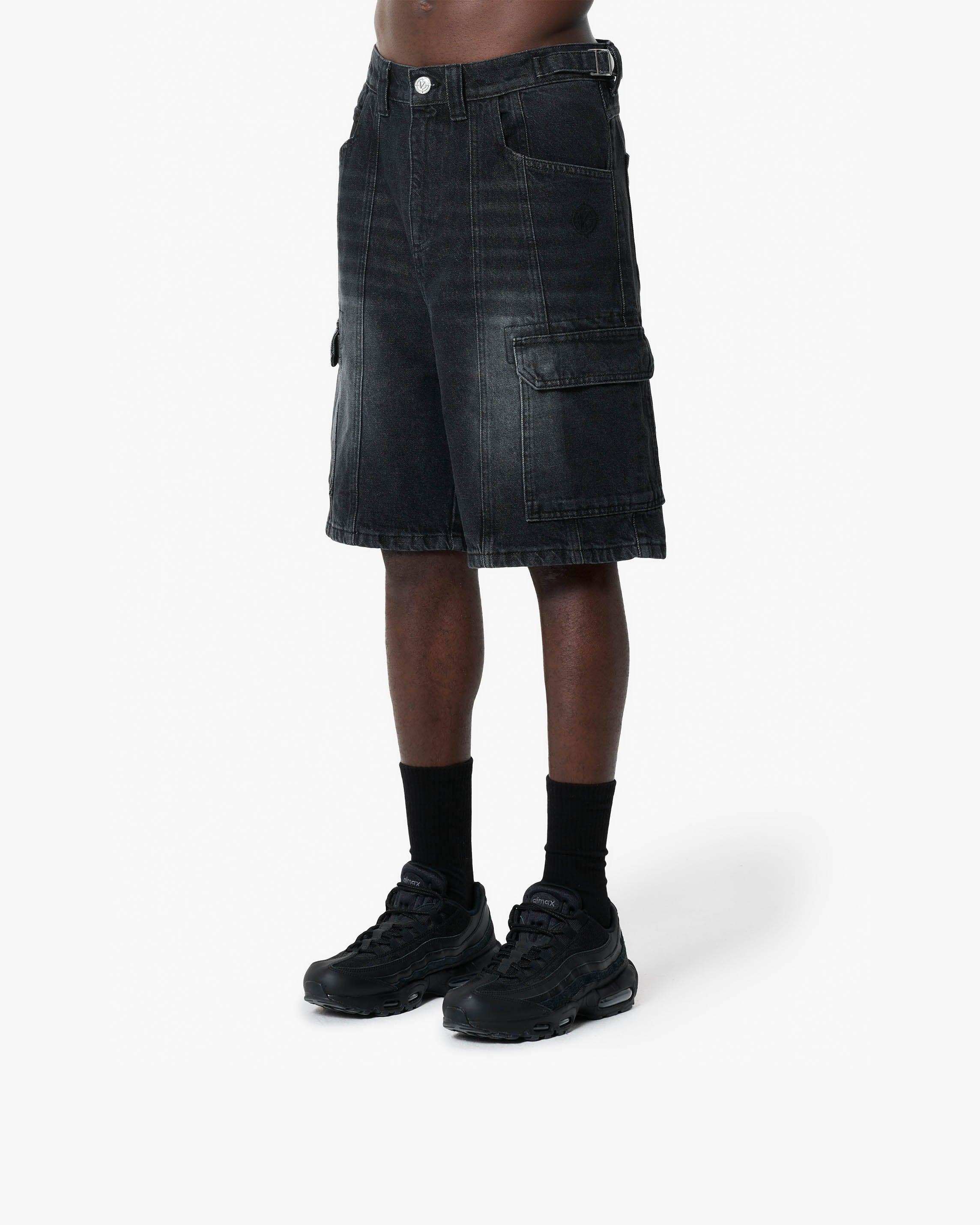 WASHED BLACK DENIM CARGO JORTS