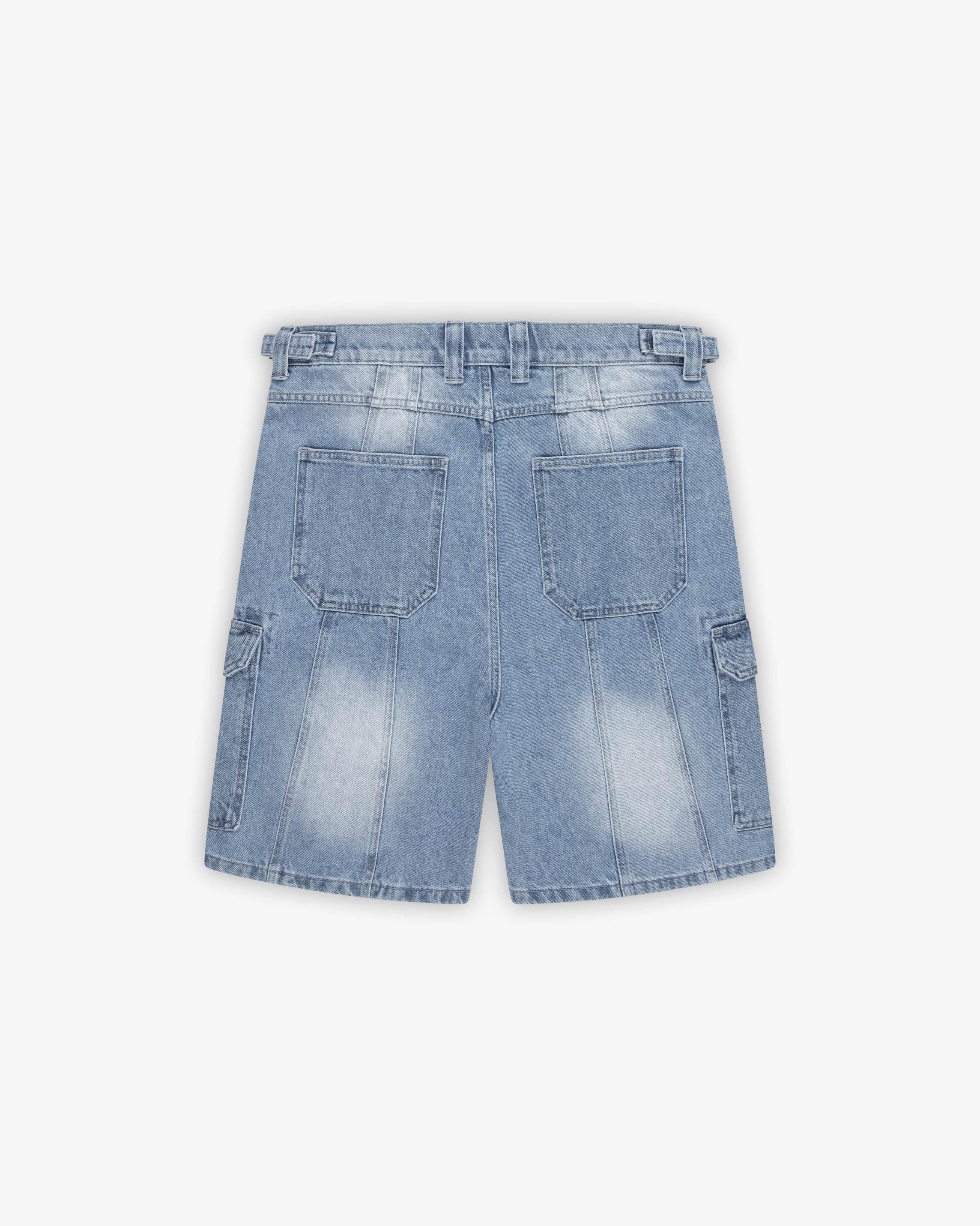 BLUE WASHED DENIM CARGO JORTS